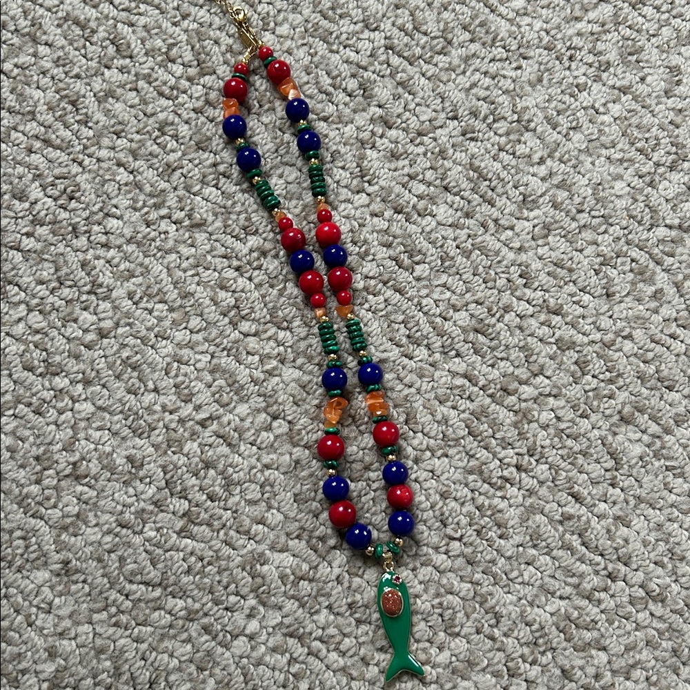 Colorful Beaded Fish Pendant Necklace — Green, Red & Blue - Picture 4 of 4
